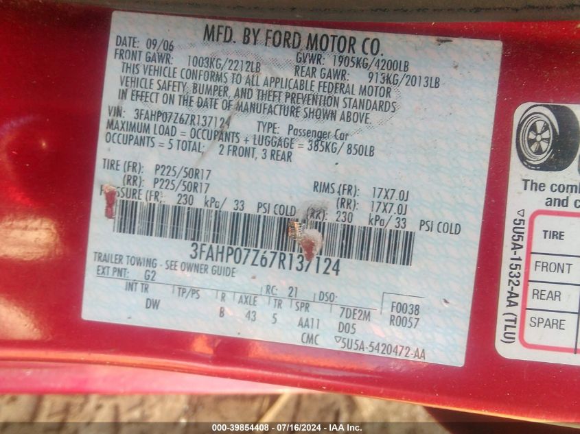 2007 Ford Fusion Se VIN: 3FAHP07Z67R137124 Lot: 39854408