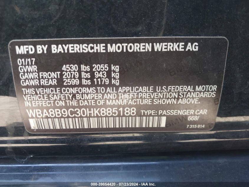 WBA8B9C30HK885188 2017 BMW 330I