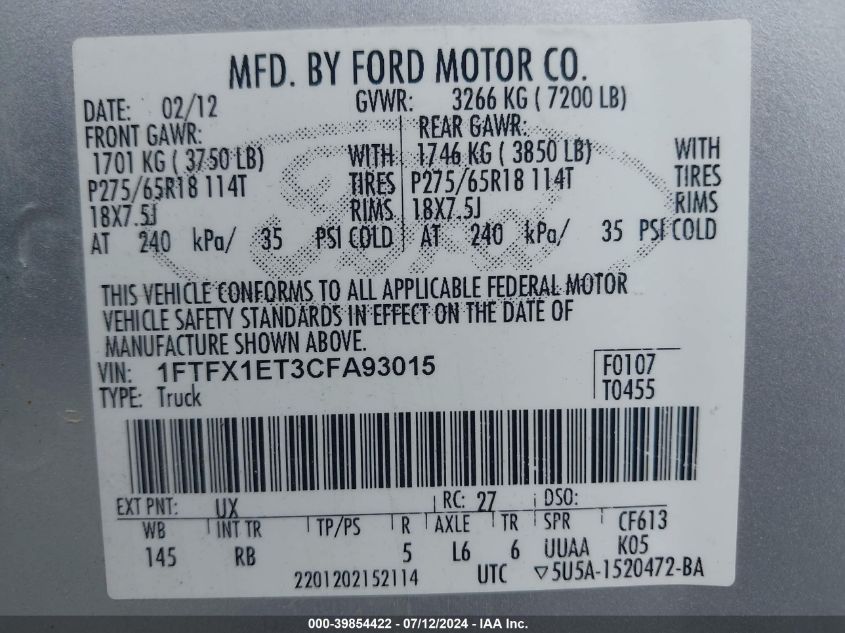 2012 Ford F-150 Fx4 VIN: 1FTFX1ET3CFA93015 Lot: 39854422