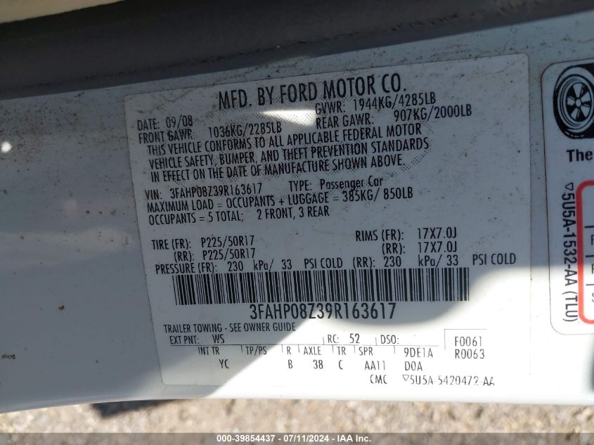 2009 Ford Fusion Sel VIN: 3FAHP08Z39R163617 Lot: 39854437