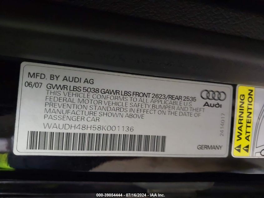 2008 Audi A4 3.2 Cabriolet Quattro VIN: WAUDH48H58K001136 Lot: 39854444
