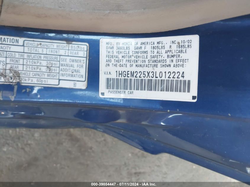 2003 Honda Civic Lx VIN: 1HGEM225X3L012224 Lot: 39854447