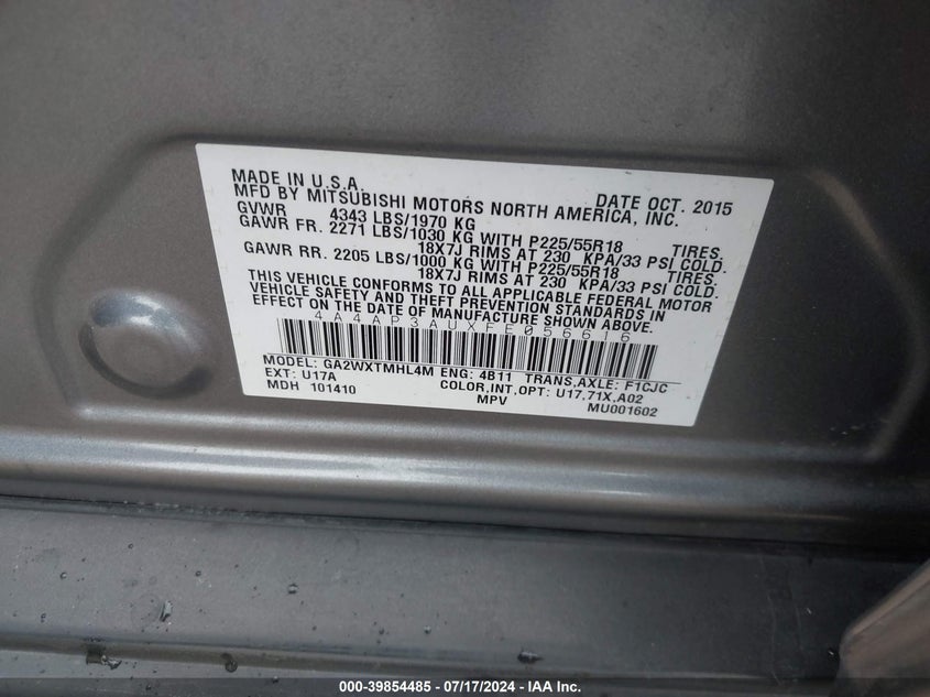 2015 Mitsubishi Outlander Sport Es VIN: 4A4AP3AUXFE056616 Lot: 39854485