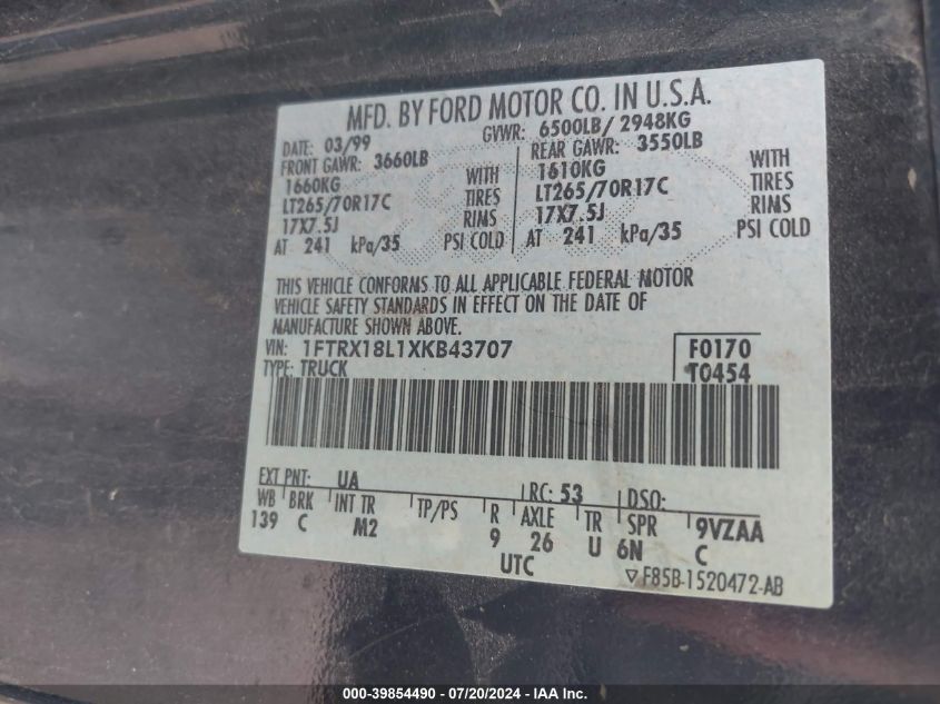 1999 Ford F-150 Lariat/Xl/Xlt VIN: 1FTRX18L1XKB43707 Lot: 39854490