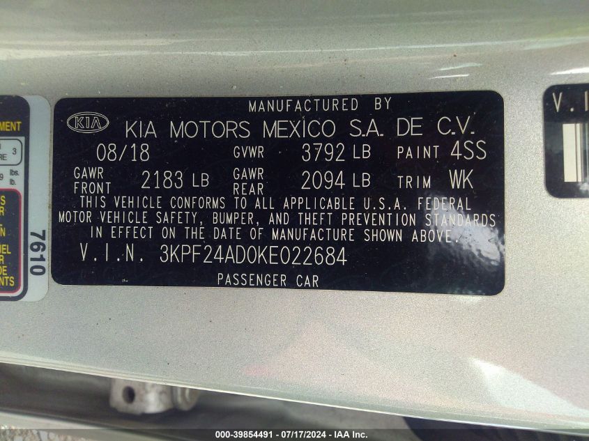 2019 Kia Forte Lxs VIN: 3KPF24AD0KE022684 Lot: 39854491