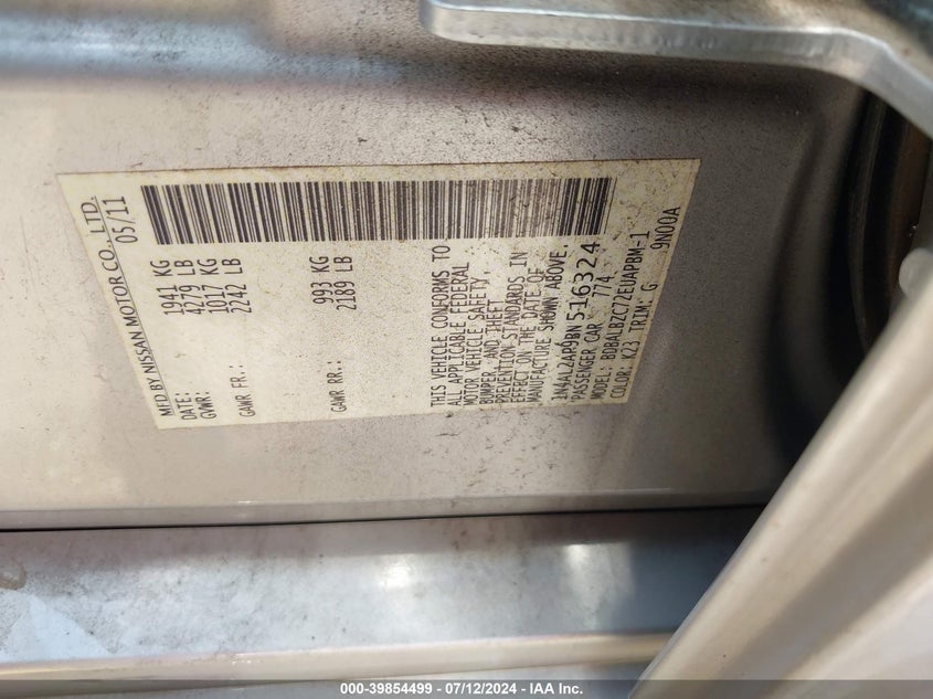 2011 Nissan Altima 2.5 S VIN: 1N4AL2AP9BN516324 Lot: 39854499