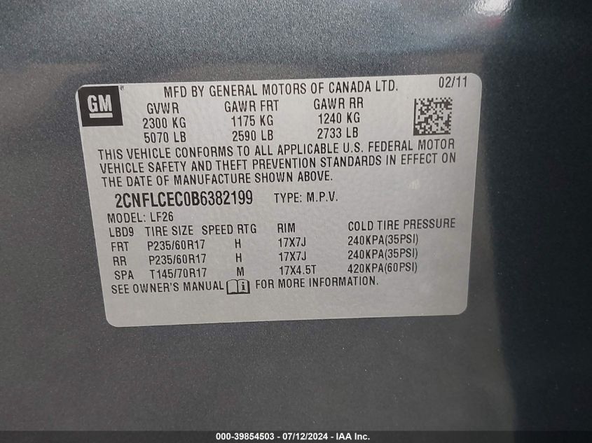 2011 Chevrolet Equinox Ls VIN: 2CNFLCEC0B6382199 Lot: 39854503