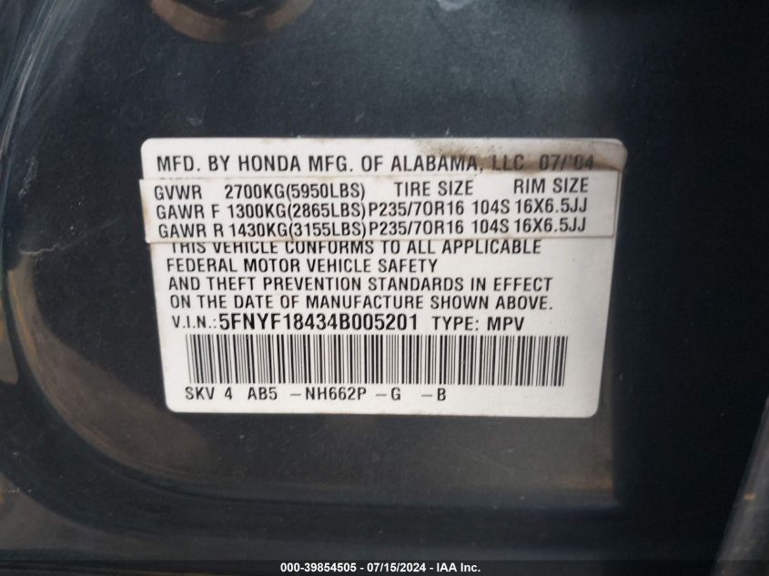 2004 Honda Pilot Ex VIN: 5FNYF18434B005201 Lot: 39854505