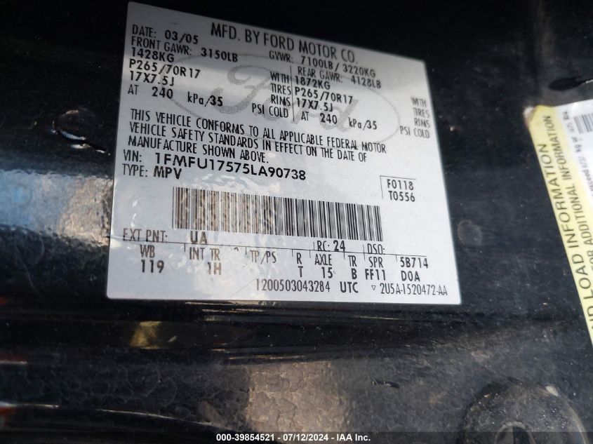 2005 Ford Expedition Eddie Bauer/King Ranch VIN: 1FMFU17575LA90738 Lot: 39854521