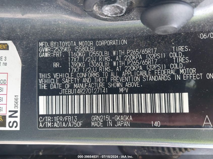 2007 Toyota 4Runner Sport V6 VIN: JTEBU14R270127141 Lot: 39854531