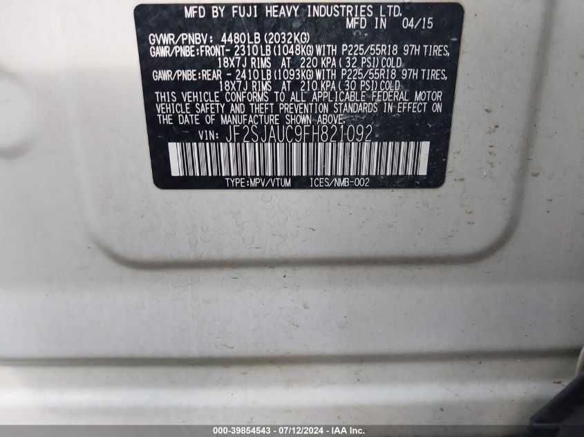 2015 Subaru Forester VIN: JF2SJAUC9FH821092 Lot: 39854543
