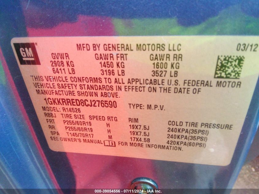 2012 GMC Acadia Slt-1 VIN: 1GKKRRED8CJ276590 Lot: 39854556
