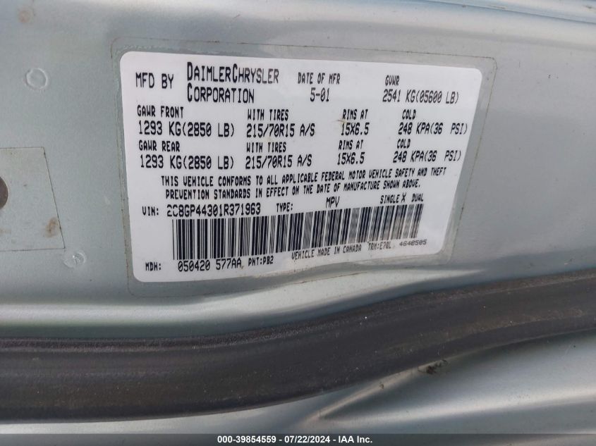 2001 Chrysler Town & Country Lx VIN: 2C8GP44301R371963 Lot: 39854559