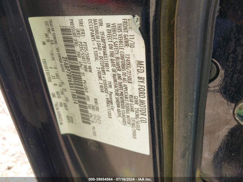 2011 Ford Crown Victoria Police Interceptor VIN: 2FABP7BV6BX118814 Lot: 39854564