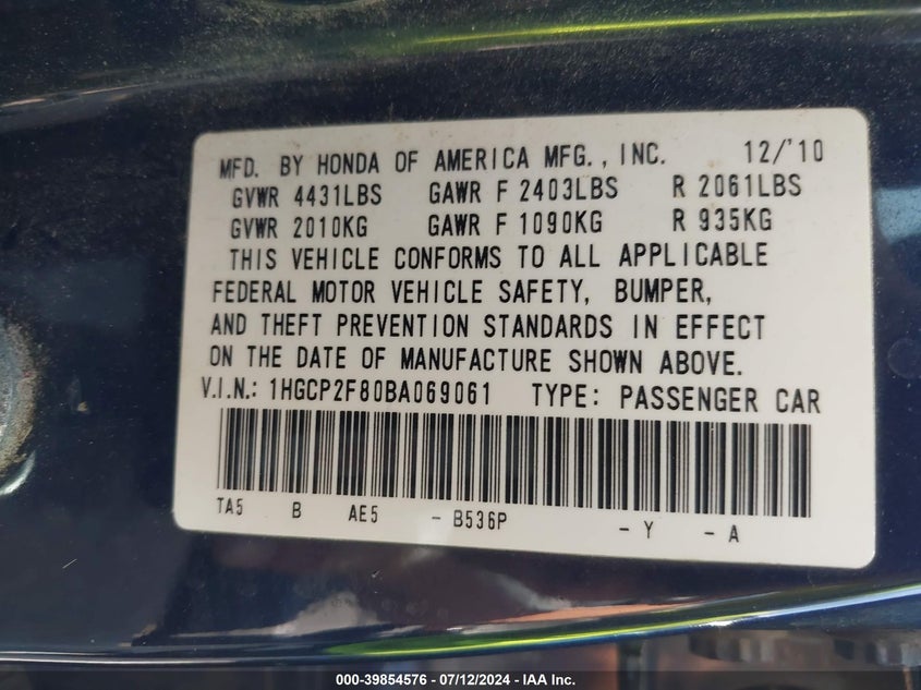 2011 Honda Accord 2.4 Ex-L VIN: 1HGCP2F80BA069061 Lot: 39854576