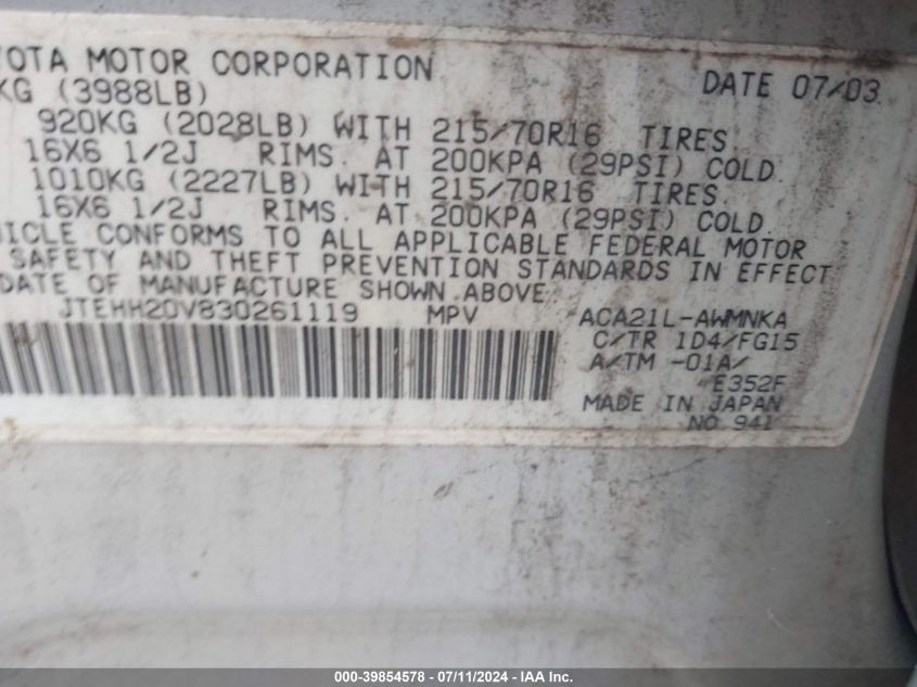 2003 Toyota Rav4 VIN: JTEHH20V830261119 Lot: 39854578