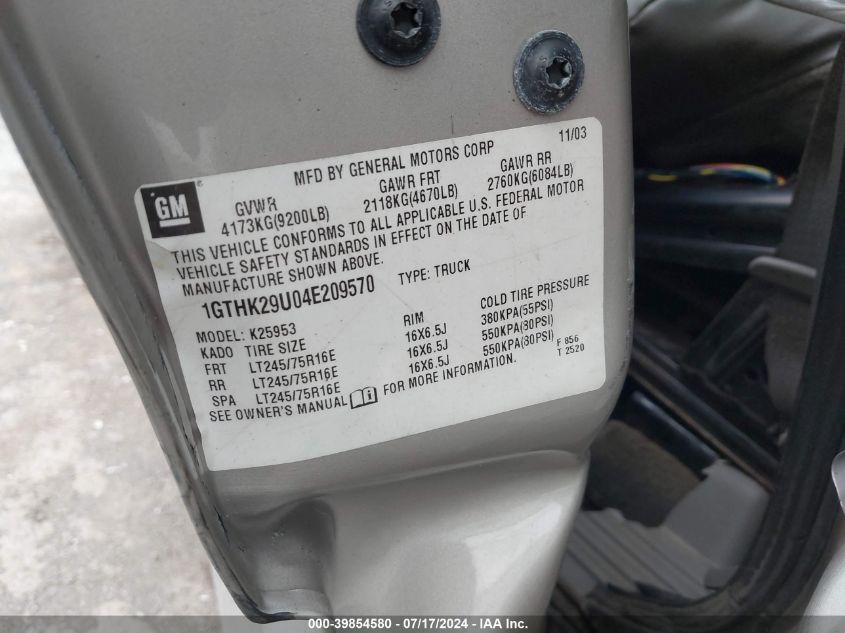 2004 GMC Sierra 2500Hd K2500 Heavy Duty VIN: 1GTHK29U04E209570 Lot: 39854580