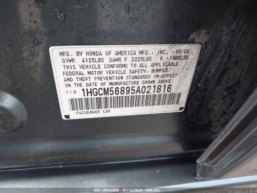 2005 Honda Accord 2.4 Ex VIN: 1HGCM56895A021816 Lot: 39854599