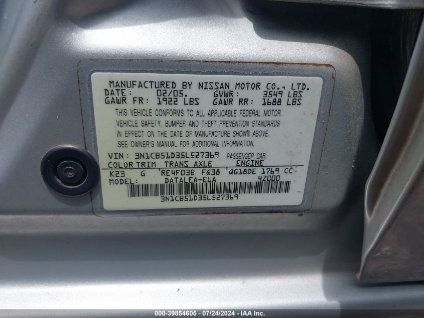 2005 Nissan Sentra 1.8S VIN: 3N1CB51D35L527369 Lot: 39854605