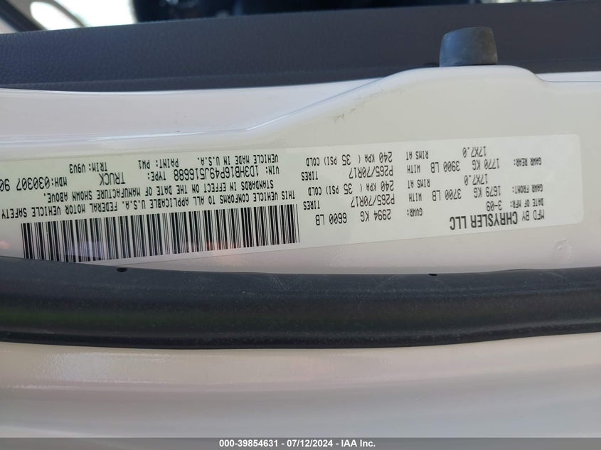 2009 Dodge Ram 1500 Slt/Trx VIN: 1D3HB16P49J516688 Lot: 39854631