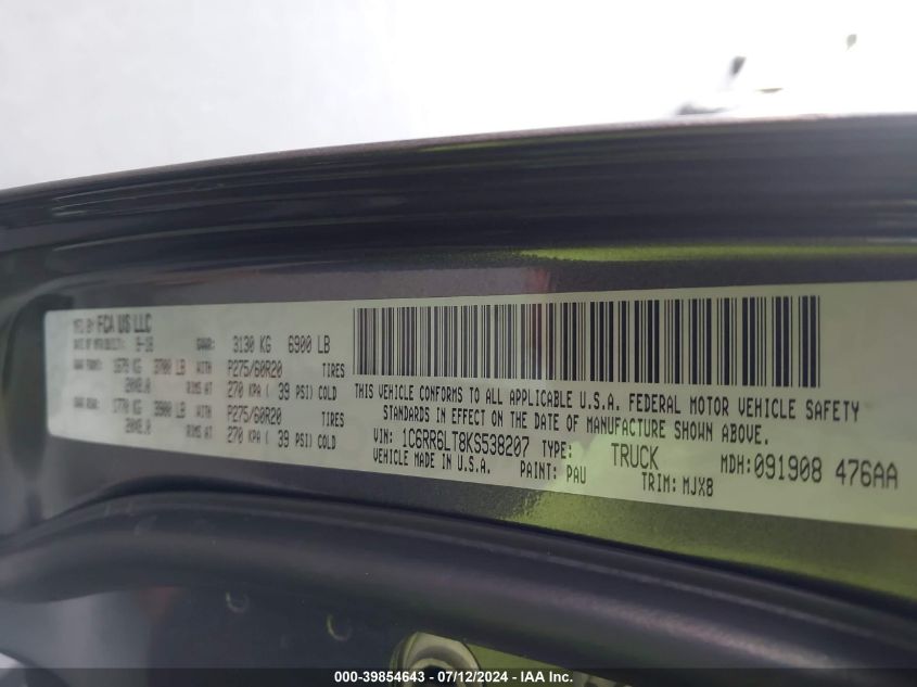 2019 Ram 1500 Classic Slt VIN: 1C6RR6LT8KS538207 Lot: 39854643