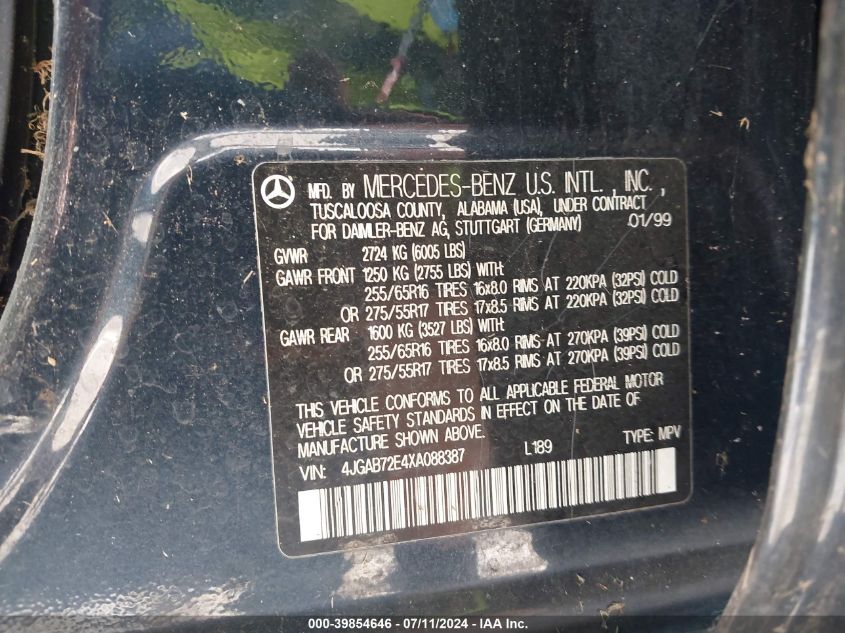 1999 Mercedes-Benz Ml 430 VIN: 4JGAB72E4XA088387 Lot: 39854646