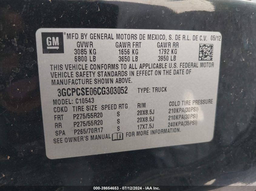 2012 Chevrolet Silverado 1500 Lt VIN: 3GCPCSE06CG303052 Lot: 39854653