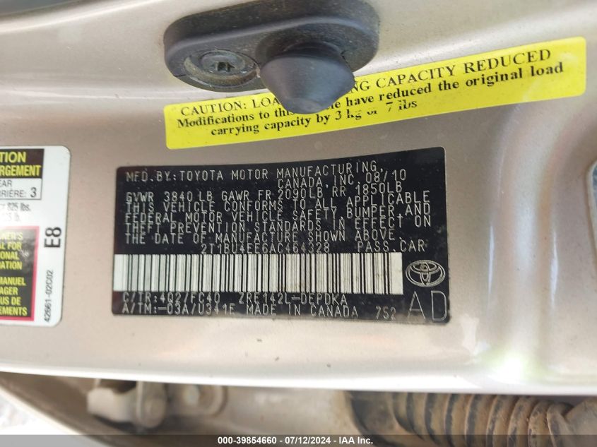 2010 Toyota Corolla Le VIN: 2T1BU4EE6AC464328 Lot: 39854660