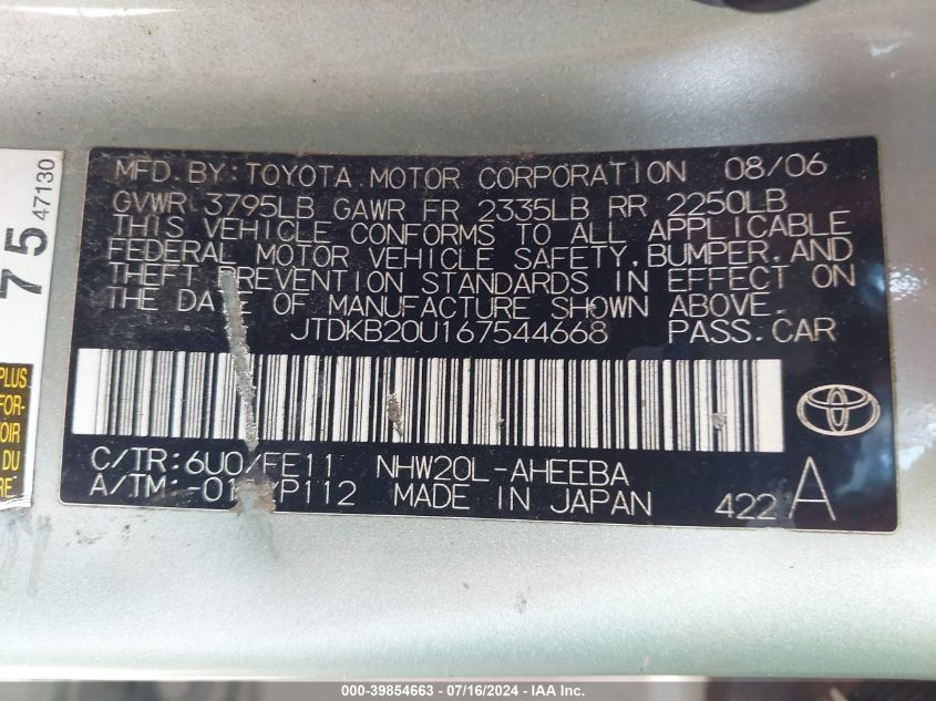 2006 Toyota Prius VIN: JTDKB20U167544668 Lot: 39854663