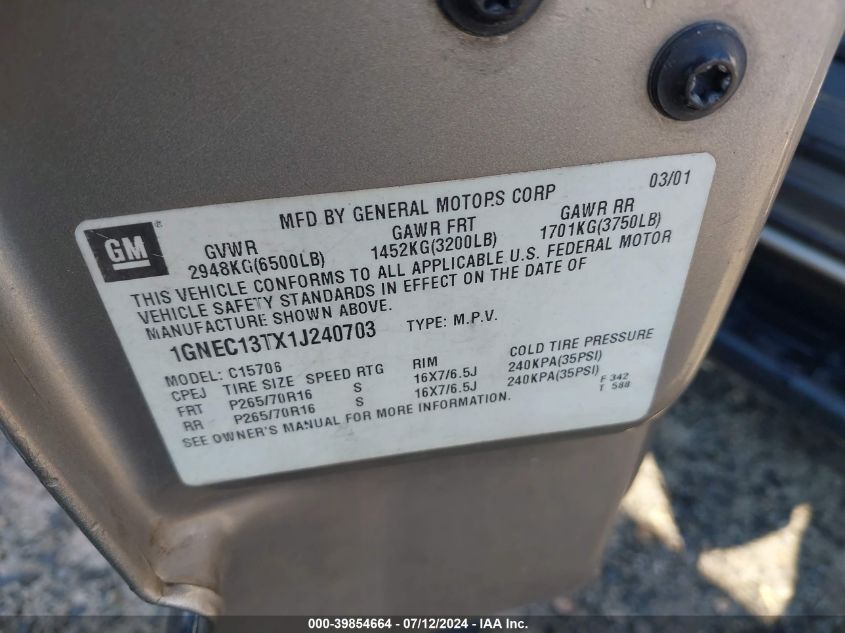 2001 Chevrolet Tahoe Ls VIN: 1GNEC13TX1J240703 Lot: 39854664