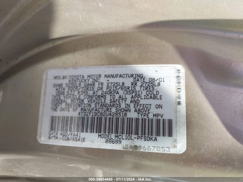 2002 Toyota Sienna Ce VIN: 4T3ZF19C82U428518 Lot: 39854668