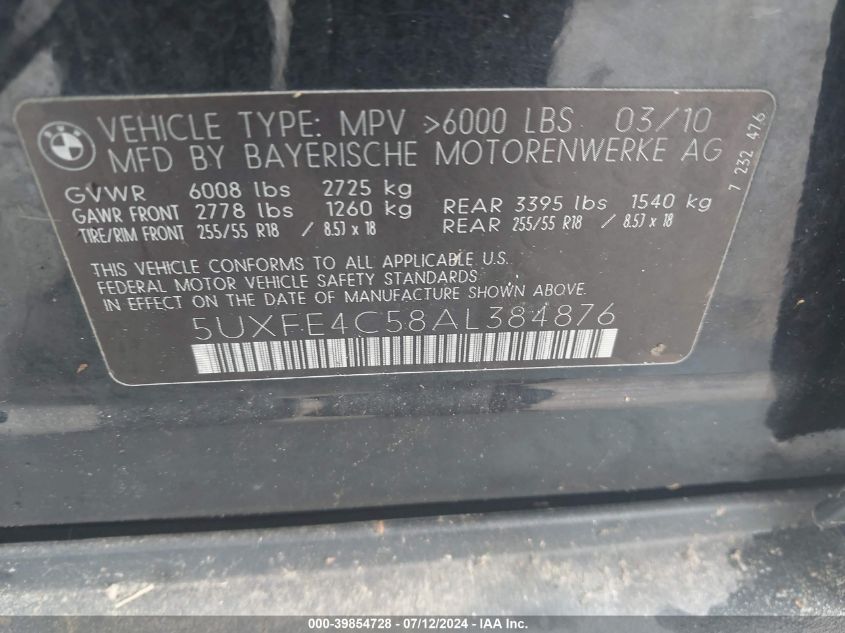 2010 BMW X5 xDrive30I VIN: 5UXFE4C58AL384876 Lot: 39854728