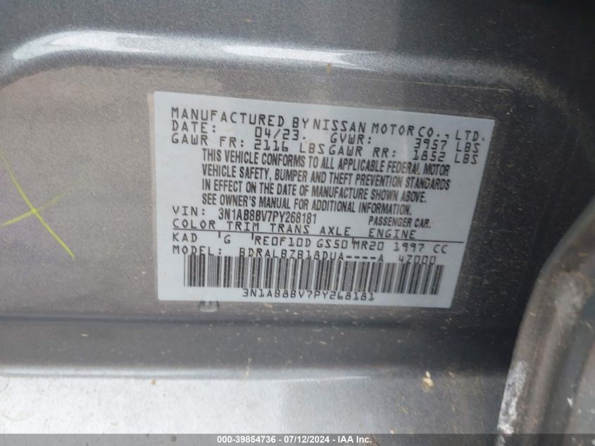 2023 Nissan Sentra S Xtronic Cvt VIN: 3N1AB8BV7PY268181 Lot: 39854736