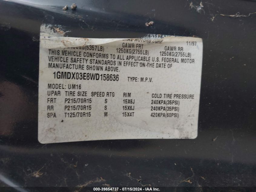 1998 Pontiac Trans Sport VIN: 1GMDX03E8WD158636 Lot: 39854737