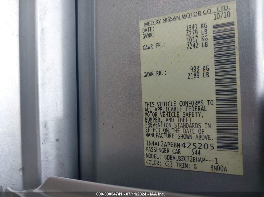 2011 Nissan Altima 2.5 S VIN: 1N4AL2AP6BN425205 Lot: 39854741