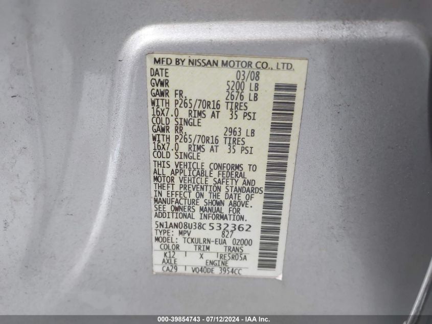 2008 Nissan Xterra Off Road/S/Se VIN: 5N1AN08U38C532362 Lot: 39854743