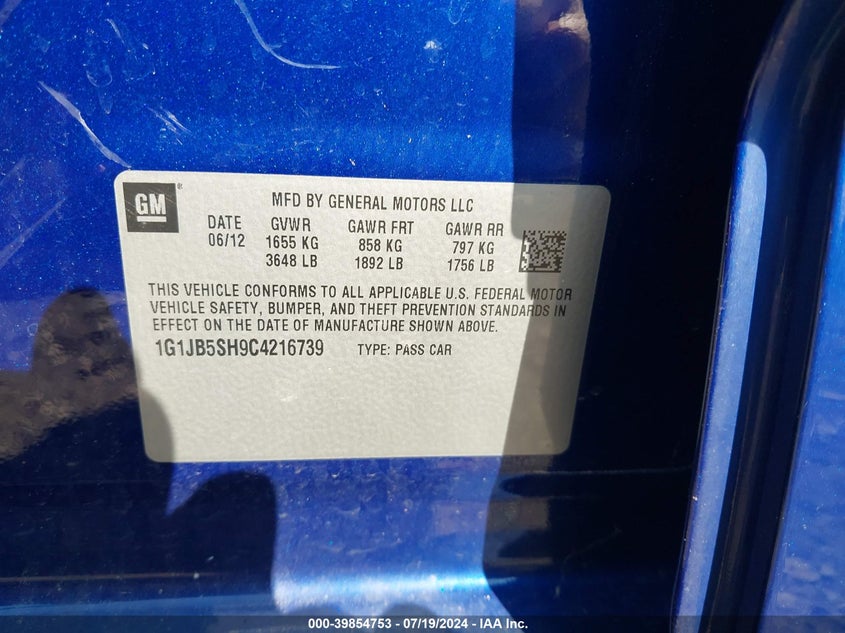 2012 Chevrolet Sonic 1Ls VIN: 1G1JB5SH9C4216739 Lot: 39854753