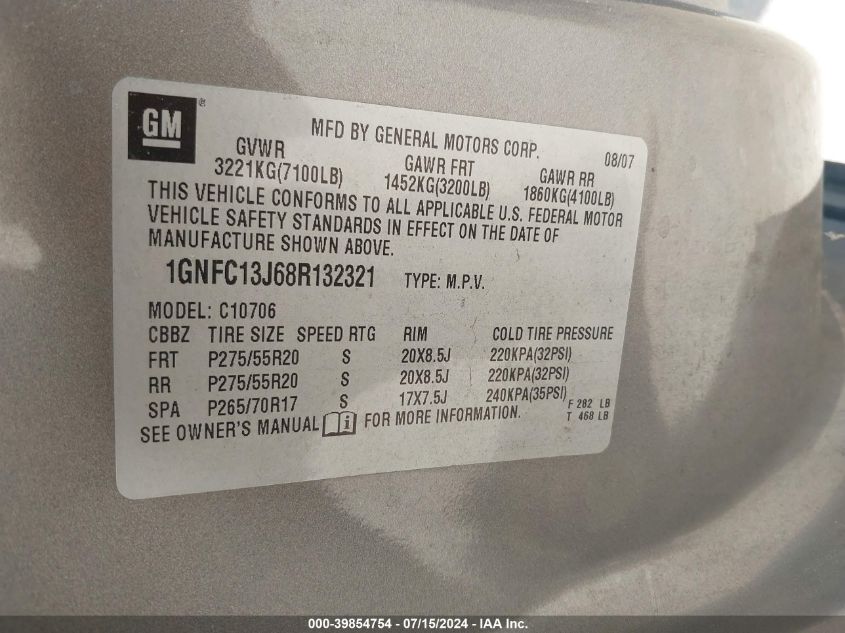 2008 Chevrolet Tahoe Lt VIN: 1GNFC13J68R132321 Lot: 39854754