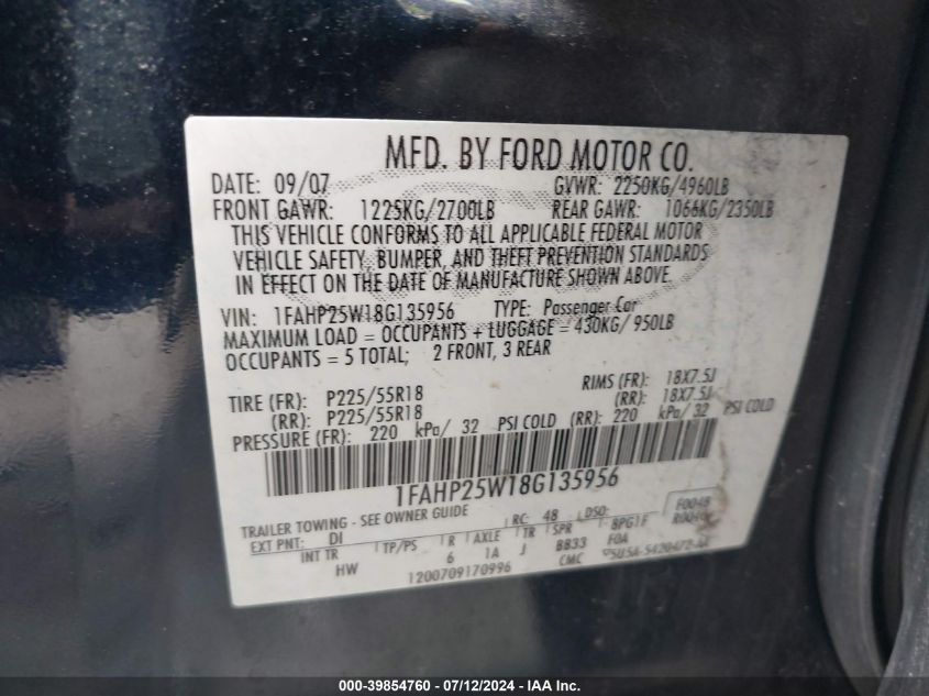 2008 Ford Taurus Limited VIN: 1FAHP25W18G135956 Lot: 39854760