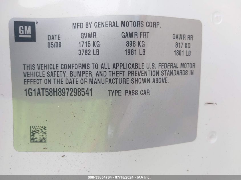 2009 Chevrolet Cobalt Lt VIN: 1G1AT58H897298541 Lot: 39854764