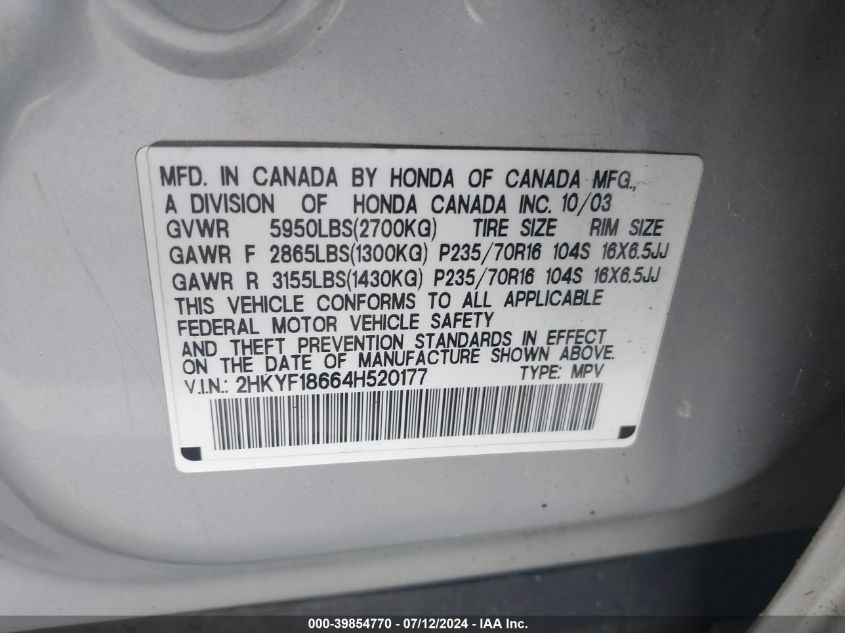 2004 Honda Pilot Ex-L VIN: 2HKYF18664H520177 Lot: 39854770