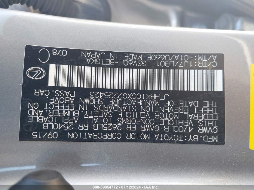 2016 Lexus Es 350 VIN: JTHBK1GGXG2225423 Lot: 39854772