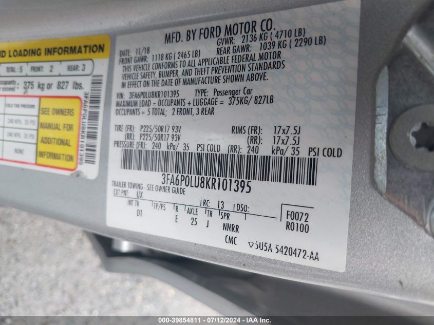 2019 Ford Fusion Hybrid Se VIN: 3FA6P0LU8KR101395 Lot: 39854811