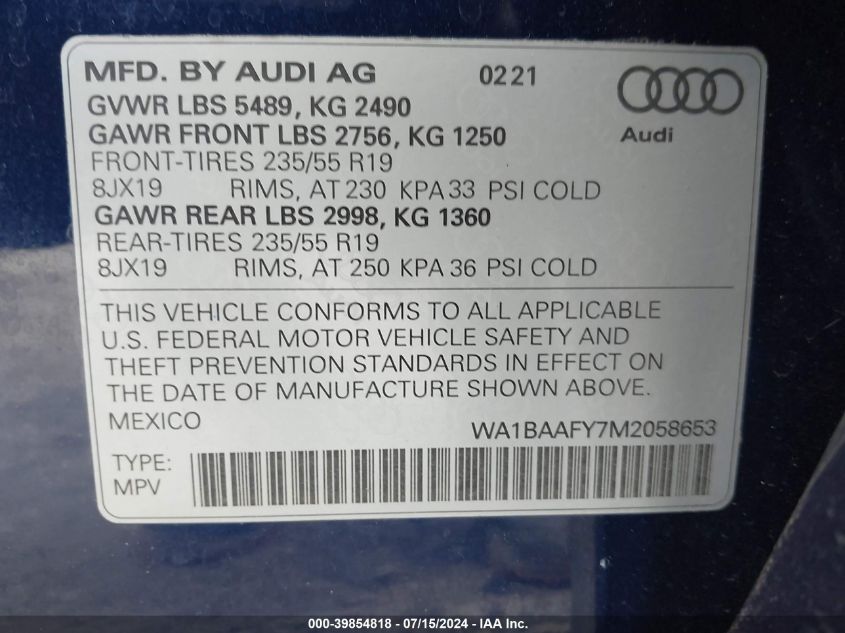 2021 Audi Q5 Premium Plus 45 Tfsi Quattro S Tronic VIN: WA1BAAFY7M2058653 Lot: 39854818