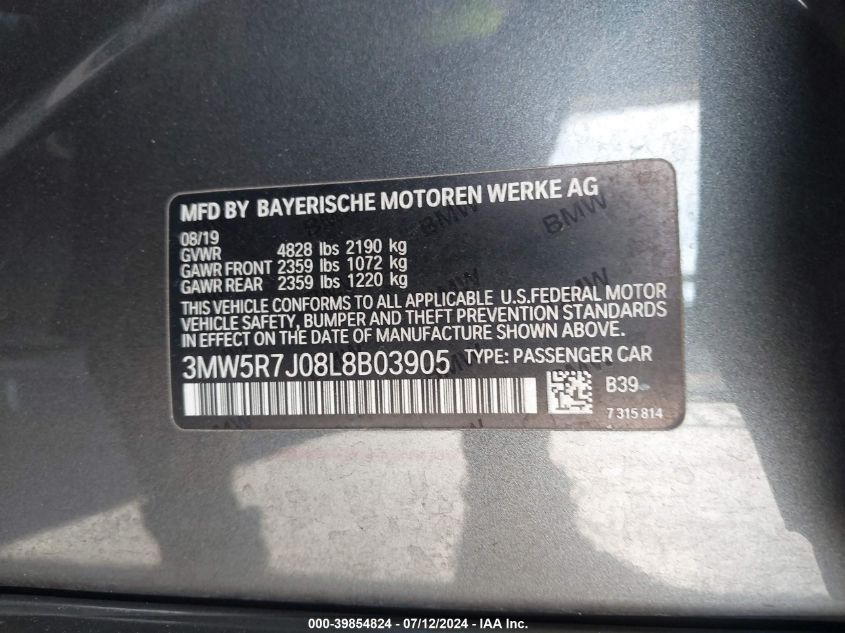 2020 BMW 3 Series 330I xDrive VIN: 3MW5R7J08L8B03905 Lot: 39854824