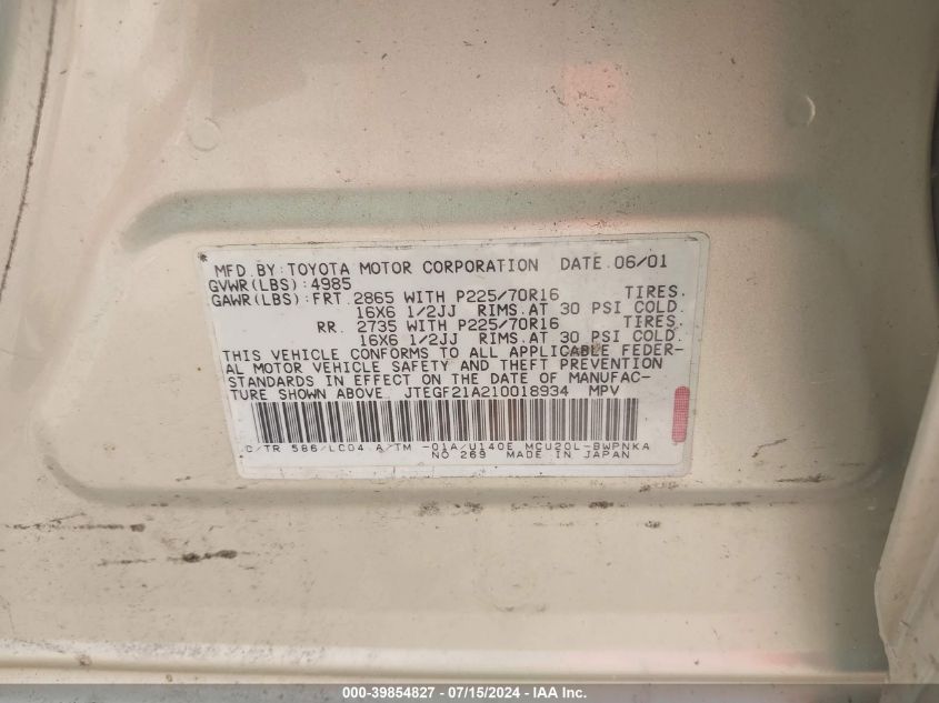 2001 Toyota Highlander V6 VIN: JTEGF21A210018934 Lot: 39854827