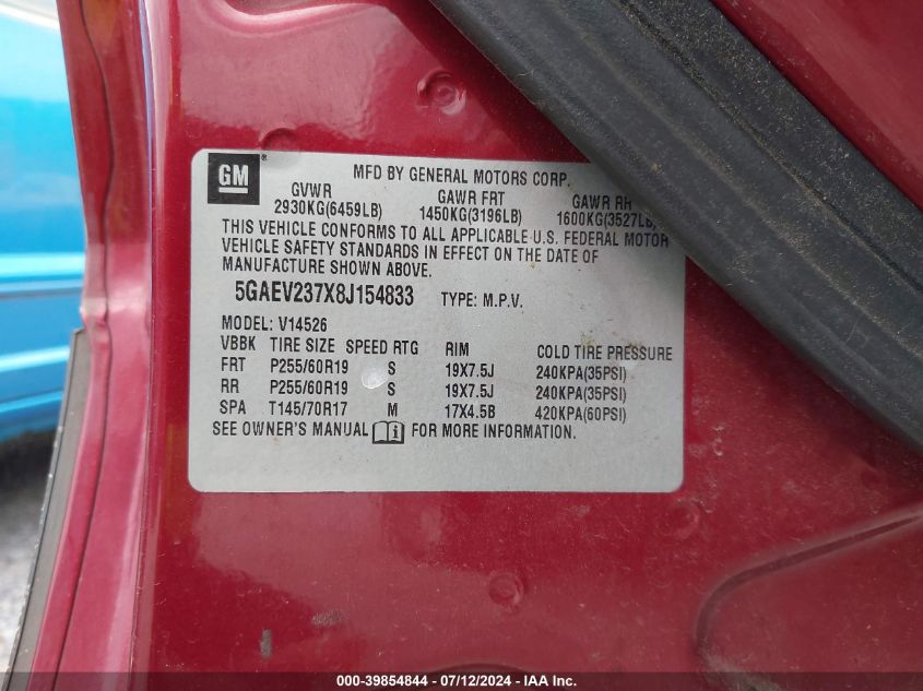 2008 Buick Enclave Cxl VIN: 5GAEV237X8J154833 Lot: 39854844