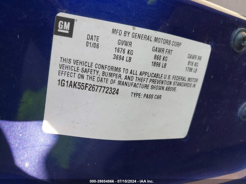 2006 Chevrolet Cobalt Ls VIN: 1G1AK55F267772324 Lot: 39854866