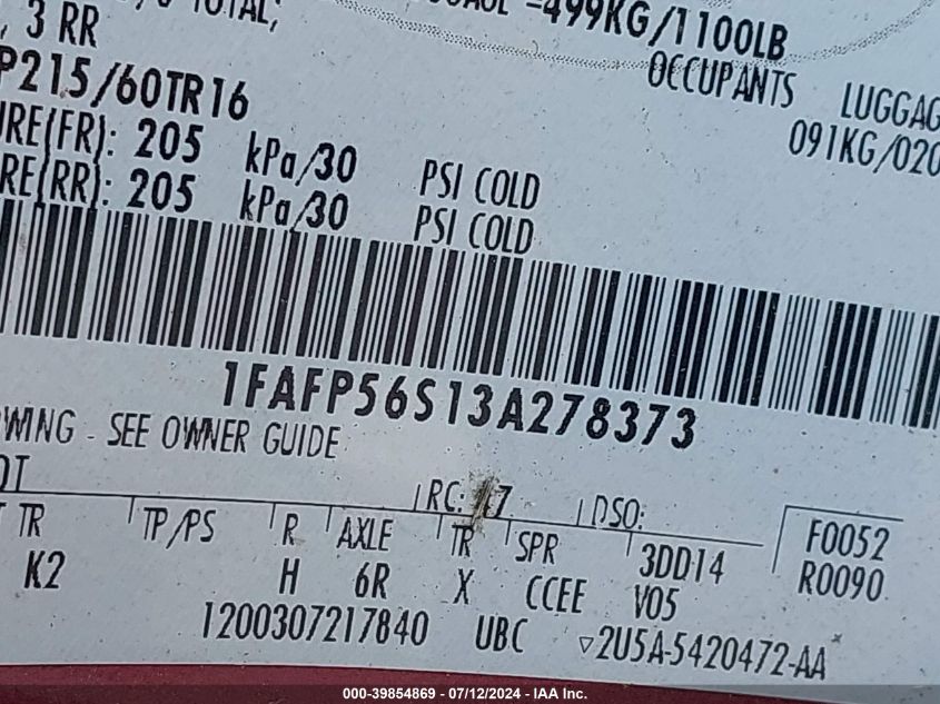 2003 Ford Taurus Sel VIN: 1FAFP56S13A278373 Lot: 39854869