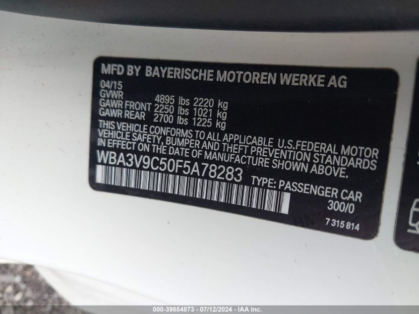 2015 BMW 428I xDrive VIN: WBA3V9C50F5A78283 Lot: 39854873